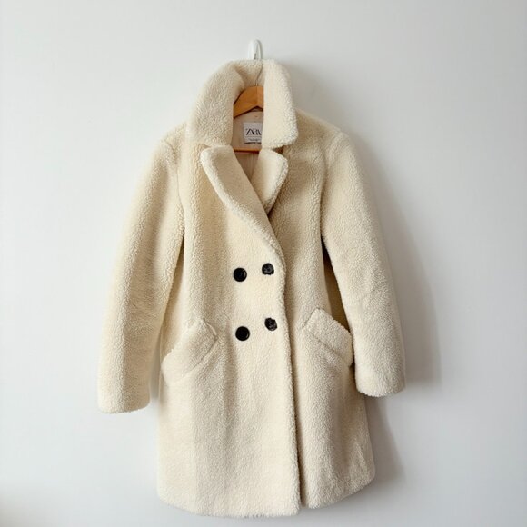 Zara Faux Fur Teddy Double Breasted Coat in Cream White Size Large - Picture 3 of 8